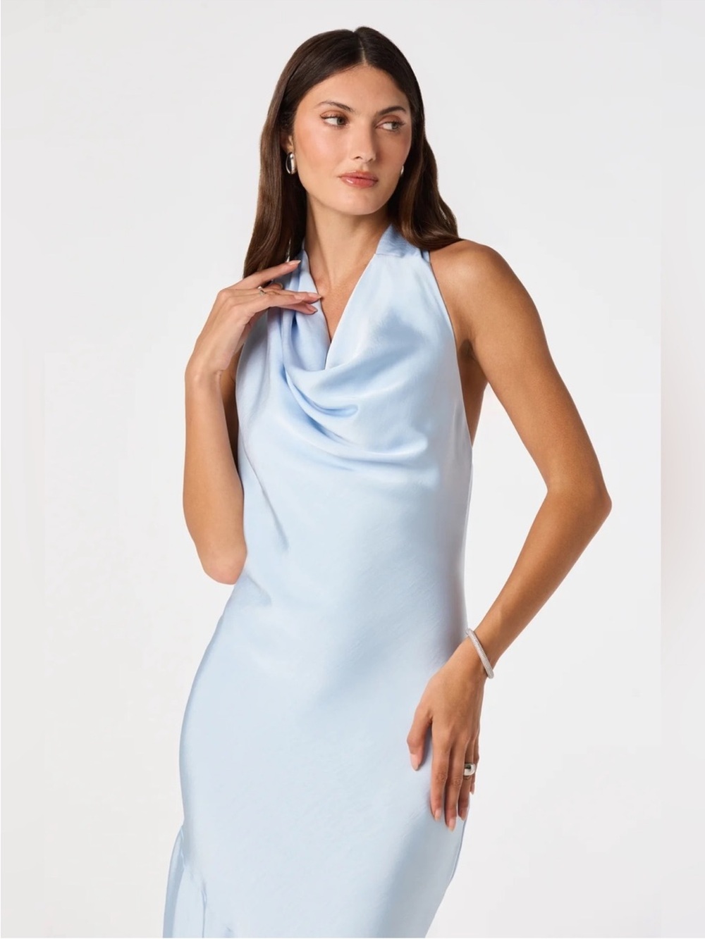 ASTR The Label Varya Satin Cowl Neck Formal Maxi Dress Size Medium Baby Blue - Picture 3 of 13